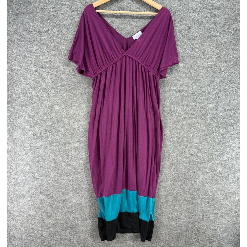 Biaggi Dress Women L Large Purple Striped Sheath Midi V-Neck Short Sleeve Rayon